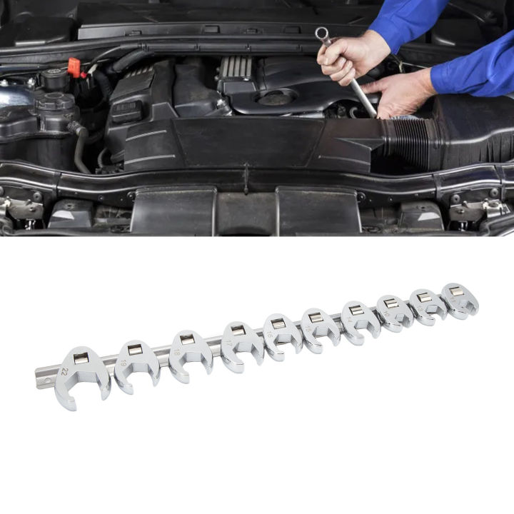 10-Piece Metric Crows Foot Wrench Set – 10mm To 22mm, Chrome Plated Steel, 3/8" Drive Ratchet Compatible With Clip-On Storage Rail