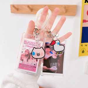 Cute Transparen Style Pendant Acrylic Three-Inch Polaroid Photo Frame Girlfriend No Words Sweating Keychain Small Animal Couple Card with lanyard