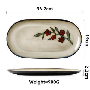 FCOMK Retro Style Ceramic Fish Plate Rectangular Plate Oval Salad Plate Binaural Deep Dish