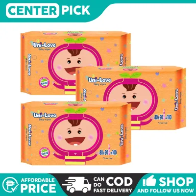 Centerpick 3Pcs Unilove Baby Wipes 100 Sheets | Unscented Alcohol Free Thick Soft Wet Tissue for Newborn & Sensitive Skin | Walang Amoy Gentle sa Balat | Pampunas Baby Panglinis Kamay at Pwetan | Baby Care Hygiene Essentials