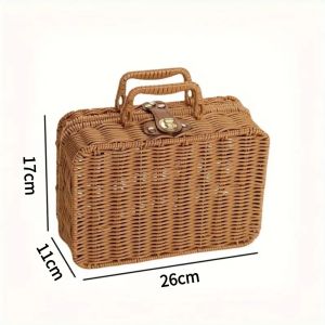 Imitation rattan storage basket with lid picnic basket gift basket storage box perfect for home dormitory and bedroom shelf outdoor hand basket souvenir basket holiday gift