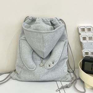 CRNGW Ox Horn Hooded Backpack Large Capacity Star Pendant Hoodie Design Schoolbag Simple Solid Color Drawstring Bag Students