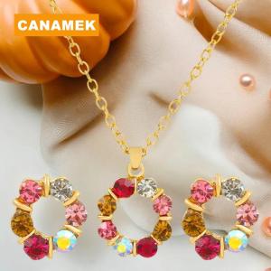 【CANAMEK】 3Pcs Gold Necklace Earrings Set Ladies Celebrity Simple Fashion Style Exquisite Stained Glass Diamond Circle Shape Jewelry