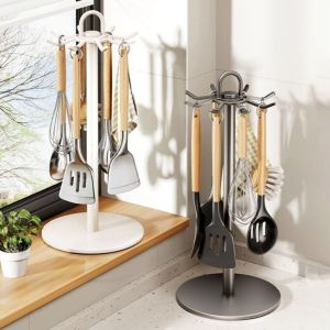 QUA Stable Base Rotating Utensil Storage Rack Movable with Water Tray Pot Shovel Rack Kitchenware Rack 8 Hooks Spatula Storage Rack for Home