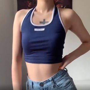 เสื้อครอป เสื้อผ้าแฟชั่น งานคล้องคอ ตัดขอบสี งานสีพื้นผ้านิ่ม ยืดได้ตามตัว พร้อมส่ง