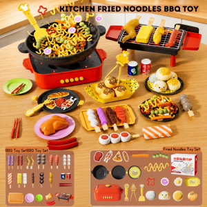 Kids Fried Noodle Cooking Toy & Pretend Play Barbecue Set with Light Sound Simulated Spray Kitchen Toy Food Playset
