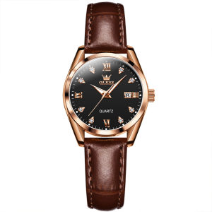 OLEVS 5522 Quartz Simple Women Watch Gift Round-dial Leather Watchband Wristwatch Calendar Luminous