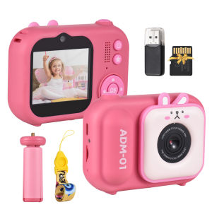 1080P Kids Digital Camera Mini Video Camera for Kids 48MP 2.4 Inch IPS Screen Dual Lens Built-in Bat-tery with 32GB Memory Card & Card Reader & Desktop Tripod Birthday Christmas Gift for Boys Girls