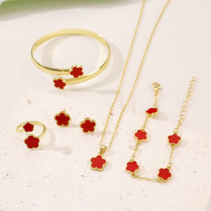 5Pcs/Set Lucky Flower Bracelet Five Leaf Grass Necklace Ring Earring Set For Women Charm Jewelry Accessories Gifts