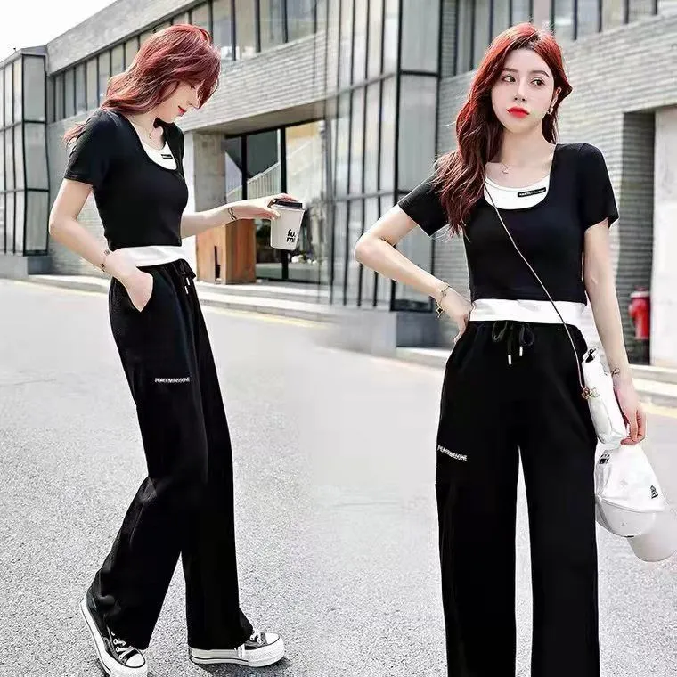 Casual Suit Women Summer 2023 New Fashionable Short-sleeved Fake Two-piece  Loose Large Size Wide-leg Pants Two-piece Set