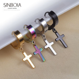 6 Colors Punk Rock Men Earring Round Cross Cuff Stud Titanium Steel Hip Hop Jewelry