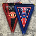 Football teams exchange flags, bars fly flags, Real Madrid Manchester United Paris Barcelona Liverpool Bayern fly flags and pennants.. 