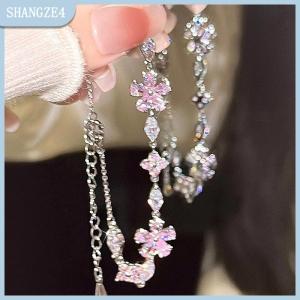 【SHANGZE4】 Thời Trang Tinh Tế Màu Hồng Pha Lê Hoa Vòng Đeo Tay Cho Phụ Nữ Cô Gái Ngọt Ngào Ánh Sáng Lấp Lánh Vòng Đeo Tay Sang Trọng Đảng Đồ Trang Sức Quà Tặng