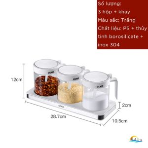 Bộ 3 Hũ Đựng Gia Vị Thủy Tinh Borosilicate CCKO Kèm Khay và Thìa Lọ Đựng Muối Đường Nắp Bật Kiểu Vỏ Sò Inox 304 Thao Tác 1 Tay Kín Hơi Chống Ẩm Cao Cấp