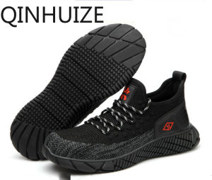 QINHUIZE safety shoes mens smash-proof and puncture-proof safety shoes flying woven breathable wear-resistant rubber work safety boots