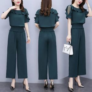 Elegant Lady Two-piece Sets 2024 Summer New Large Size Short Sleeve And Wide Leg Pants Elastic Waist Leisure Sets For Women
