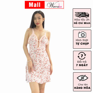 Đầm ngủ lụa mango WANNABE DNS81 váy ngủ 2 dây cổ xẻ sâu nhúng ren viền quanh cổ vải hoa nhí màu sắc tươi mát trẻ trung