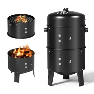 3 in 1 Vertical Charcoal Smoker Grill BBQ Smoker for Outdoor Patio Backyard Camping Black