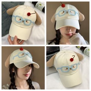 NEEUJ ยอดแหลม หมวกเบสบอลเชอร์รี่สุนัข ครีมกันแดดป้องกันแสงแดด การ์ตูนลายการ์ตูน หมวกลูกสุนัขมีหู แฟชั่นสำหรับผู้หญิง ผ้าคอตตอน หมวกลูกสุนัขแว่นตา สาวๆ