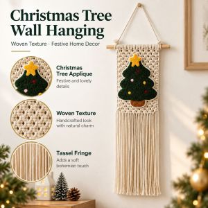 RJQFNG 25x60cm Christmas Tree Wall Hanging Woven Texture Tassel Fringe Mini Wall Hanging Gifts Bohemian Style Holiday Wall Decoration Woven Wall Decor