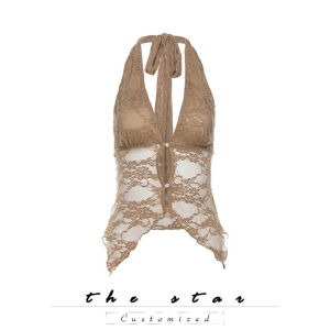 Kimi พร้อมส่ง🍯✨เสื้อคล้องคอ ลูกไม้ผูกคอ ทรงครอป คอวีลึก ซีทรูเบาๆ โชว์หลังเซ็กซี่แซ่บ รัดรูป สีกากี ลำลอง แฟชั่นผู้หญิง