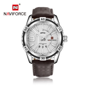 NAVIFORCE Classic Watch for Men Fashion Casual Sport Wristwatch Leather Strap Waterproof Dual Calendar Display with Luminous Gold Watch NF9117L