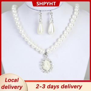 [COD] SHPYHT Local delivery Ship within 24 hours Elegant Pearl Crystal Drop Earrings Chain Necklace Wedding Party Jewelry Set