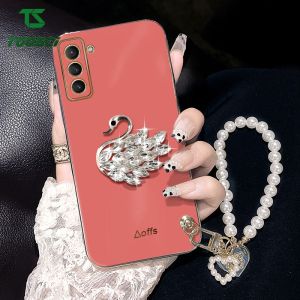 For Samsung Galaxy Note 10 Plus/20 Ultra J2 Prime J4/J6 Plus S10 Plus S20/S21 FE S20 Ultra S20 Plus S21 Plus S22 Ultra S22 Plus S23 Ultra S23 Plus Luxury 3D Shiny Glitter Crystal Diamond Swan Pearl Bracelet Phone Case Soft TPU Back Cover