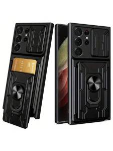 Compatible With 25 S24 S23 S22 Ultra A14 A32 A33 A35 A52 A53 A54 A55 A71 A73 Sliding Camera Cover + Full Camera Protection Card Wallet Phone Case + 360° Magnetic Ring Stand + Car Magnetic Absorption Shockproof Durable Phone Case