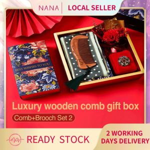 [SG] Luxury Gift Box w/ Sandalwood Hair Comb and Jade Pendant+Handkerchief Flower Brooch
