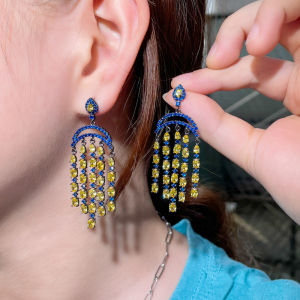 Sepj วินเทจชุบทองสีดําขนาดใหญ่จี้ห้อยสีฟ้าสีเหลืองหินเพทายโบฮีเมียนประดับเพชรสวิสต่างหูพู่ยาวสําหรับผู้หญิงพรรคชุดอุปกรณ์เสริม SE497
