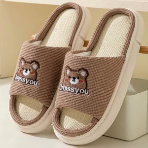 New Rabbit Korean Style Linen Slippers Thick Sole Indoor Slippers For Women  And Mens