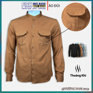 Áo sơ mi nam chất vải ĐŨI cổ tàu tay dài form rộng 2 TÚI VNO121