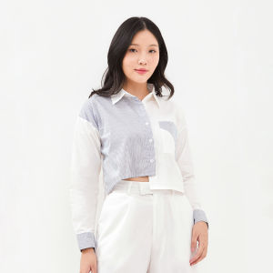 QUEENTIN Kemeja Wanita Asimetris 1038 Katun Poplin Polos Kombinasi Salur Lengan Panjang