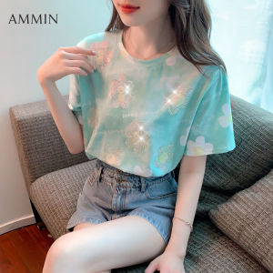 AMMIN 2022 summer new womens flower hot drill short-sleeved round neck T-shirt Korean fashion elegant color tie-dye printed top