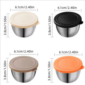 YESPERY 4Pcs Salad Dressing Container Set 75ml Portable 304 Stainless Steel Small Seasoning Dish with Silicone Lid Leakproof Sauce Dipping Cup