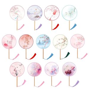 TLE96110 Long Handle Ancient Style Fan Vintage Printing Half Transparent Round Hand Fan Tang Suit Silk Embroidered Embroidered Fan Childrens Summer