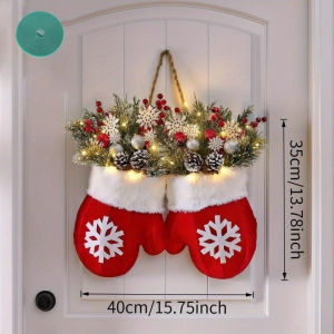 Christmas Decor Mitten Shaped Twinkling Door Hanging Wreath with LED Lights Pine Cones Berries