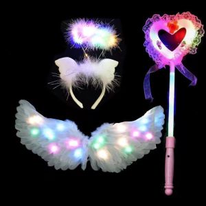 Girls Halloween Costume Angel Feather Wings Big Fairy Wings 3Pcs Set Todller Princess Tutu Dress and Fairy Stick with LED Lights