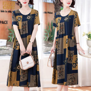 Ice Silk Print Dresses for Women Retro Plus Size Dress Double Pocket Long Skirt