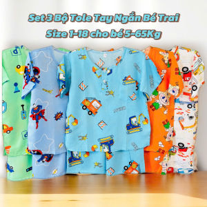 (18 Size / 5-65Kg) - SET 3 Bộ Đồ Tole Lanh Bé Trai - Áo Tay Ngắn Quần Ngắn Cổ Trụ - Đồ Bộ Bé Trai Chất vải Tôn Lanh mát lạnh thoải mái cho bé mặc nhà - Tole Trai Ngắn