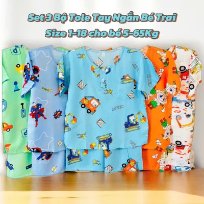 (18 Size / 5-65Kg) - SET 3 Bộ Đồ Tole Lanh Bé Trai - Áo Tay Ngắn Quần Ngắn Cổ Trụ - Đồ Bộ Bé Trai Chất vải Tôn Lanh mát lạnh thoải mái cho bé mặc nhà - Tole Trai Ngắn