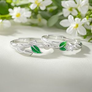 S925 Silver Green Enamel Spring Leaves Couple adjustable Ring For Women Men Birthday Wedding Valentines Day Jewelry