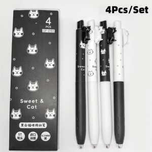 FXUP 4Pcs/Box Khô nhanh Bút trung tính Kitten 05mm Mực đen Bút gel Kawaii Siêu mượt mà Bút bấm tự động Vật dụng học tập của học sinh