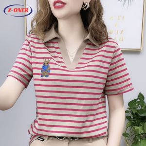 Z-ONER Womens Polo Shirt Stripe V-neck Top Stand-up Collar Polo Shirt