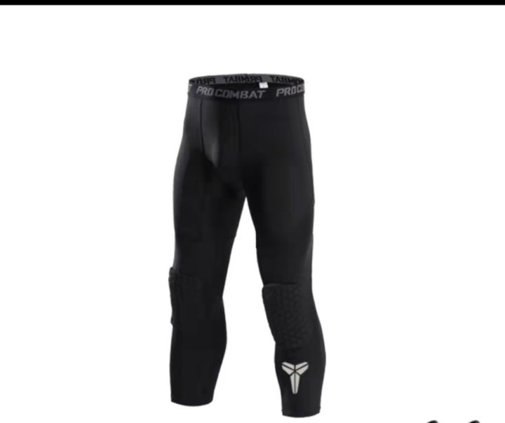 Basketball Pants with Knee Pads, Black Knee Pads Compression Pants, 3/4  Capri Leggings