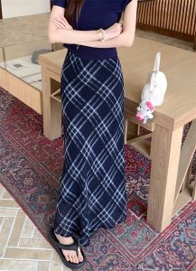 Plus Size S-5XL Women Korean Fashion Retro High Waist Plaid Fishtail Skirt Elastic Waist Maxi Skirts