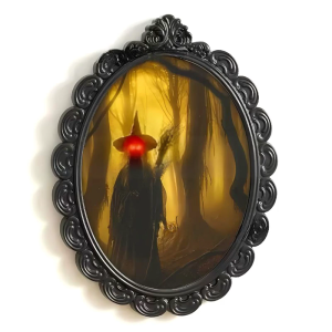 เครื่องประดับติดผนังฮาโลวีน Bingkai Cermin กระจกติดผนังโฮโลแกรมแม่มดที่น่ากลัวพร้อมดวงตาเรืองแสงสำหรับตกแต่งปาร์ตี้สยองขวัญ