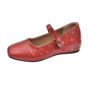 IELGY Retro flat shoes with buckle and red loafers for women
