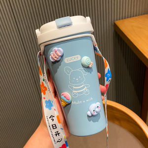 500ml Cute Thermo Water Bottle Stainless Steel Kawaii Insulated Mug For Coffee Bubble Milk Tea Cup With Straw 3D Sticker Strap